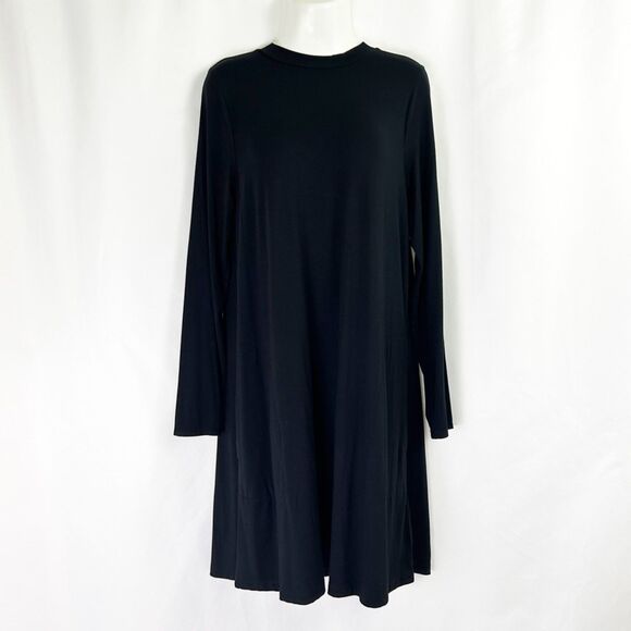 NWT J.Crew Black Swingy Long Sleeve Dress (M) Soft Modal Trapeze T-Shirt Pockets - Picture 3 of 13